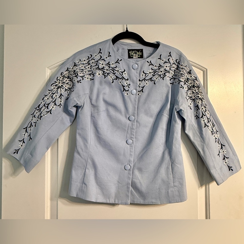 Bob‎ Mackie Jacket Women XXS Blue Floral Embroidered Wearable Art Vintage